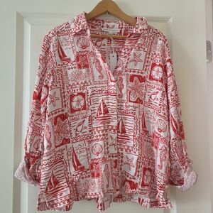 Jane + Delancey Tropical Preppy Seaside Button Up Shirt Womens M Linen Rayon NWT